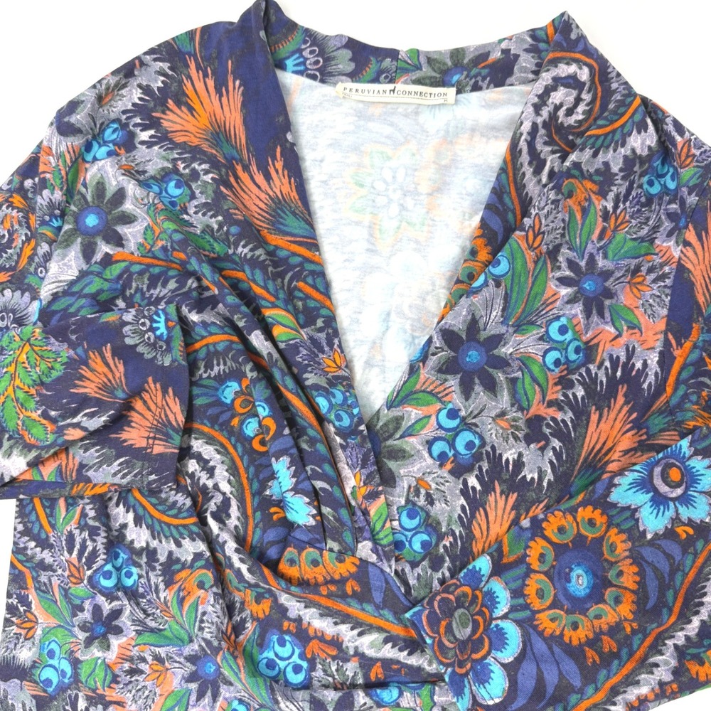 Peruvian Connection Floral Paisley Ruched Surplice Wrap Top Womens Medium